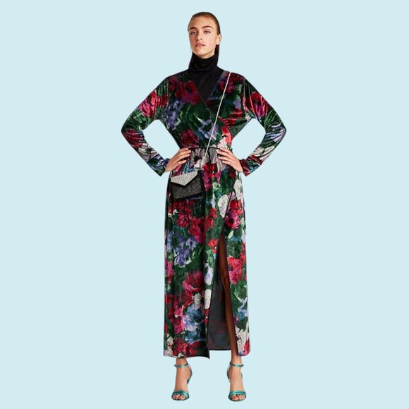 Zara Dress Size Medium Floral Print Boho Velvet Maxi Kimono Long Sleeve Robe - Picture 1 of 12